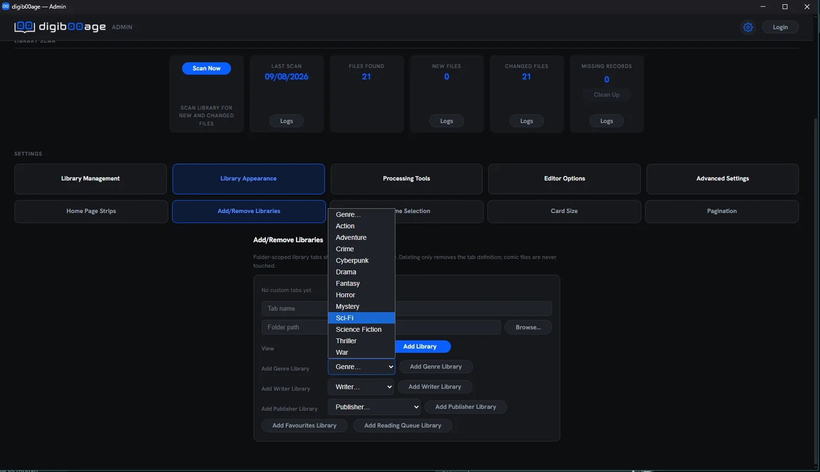 Admin panel showing library and genre management