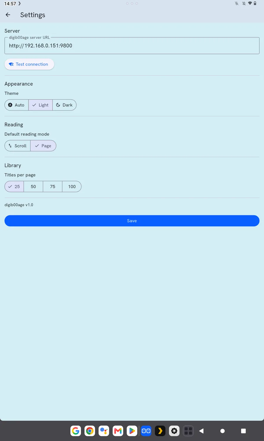 Mobile app settings screen with server URL, theme and reading mode options